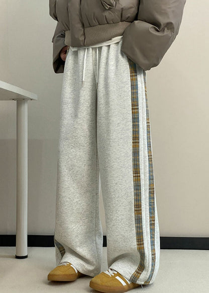 New Grey Striped Pockets Warm Fleece Men Wide Leg Pants Spring RM057 ABC