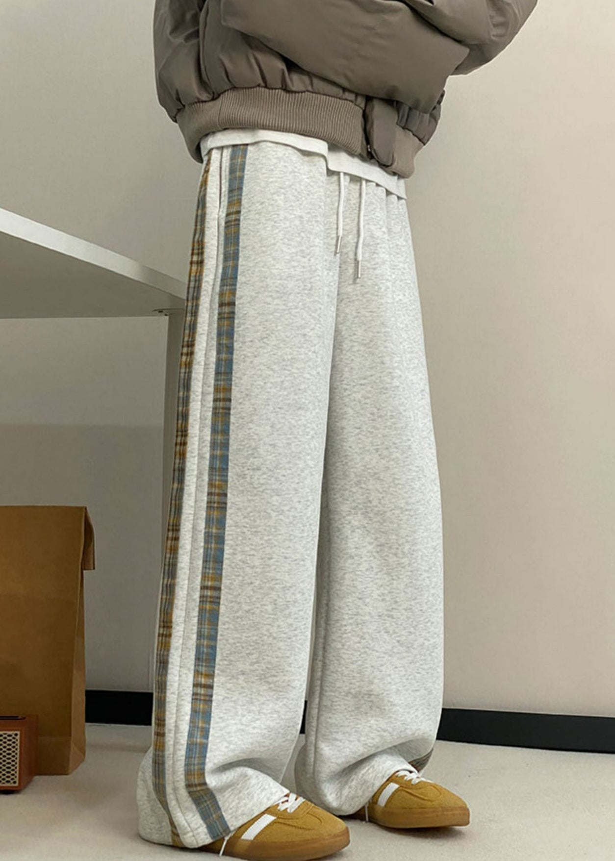 New Grey Striped Pockets Warm Fleece Men Wide Leg Pants Spring RM057 ABC