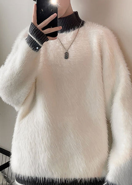 New Grey Turtleneck Patchwork Mink Velvet Sweaters Men Winter RC034 ABC