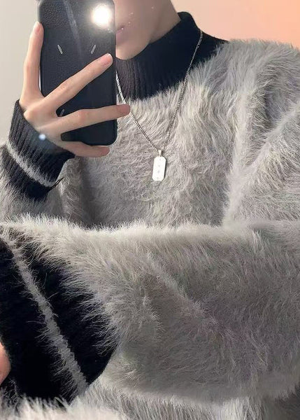 New Grey Turtleneck Patchwork Mink Velvet Sweaters Men Winter RC034 ABC