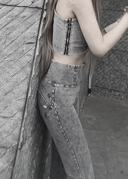 New Grey Zippered High Waist Knit Flare Bottoms Summer KK002 SH-LF-LPTS240602