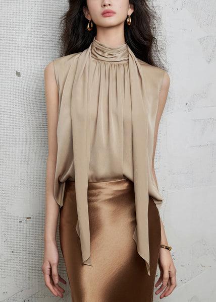 Bow Khaki New Sleeveless Silk Wrinkled Shirt FashionChic