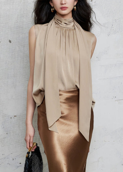 Bow Khaki New Sleeveless Silk Wrinkled Shirt FashionChic