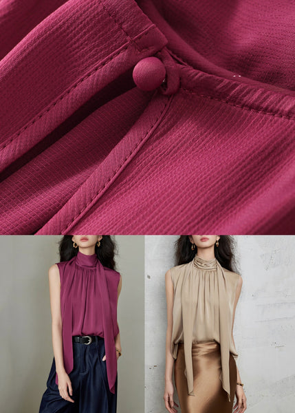 Bow Khaki New Sleeveless Silk Wrinkled Shirt FashionChic