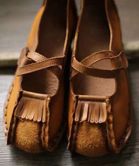 New Khaki Buckle Strap Cowhide Leather Flats Shoes RT1050 Ada Fashion