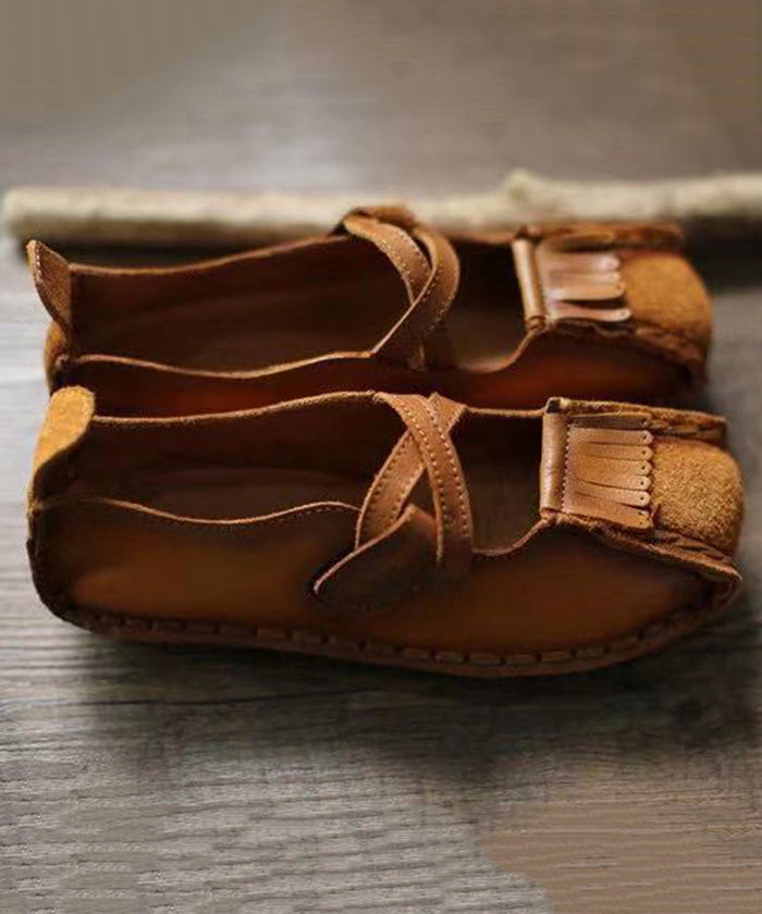 New Khaki Buckle Strap Cowhide Leather Flats Shoes RT1050 Ada Fashion