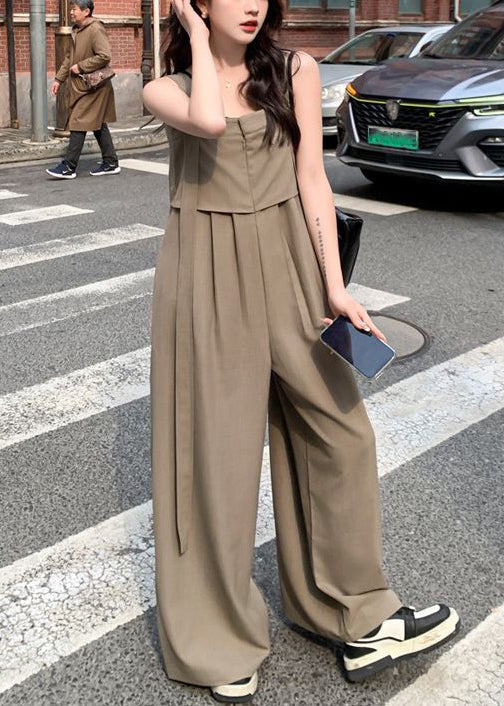 New Khaki Button High Waist Cotton Jumpsuits Sleeveless XX027 SH-LF-JPTS240611