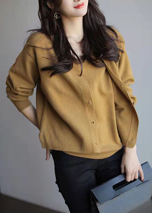 New Khaki Button Patchwork False Two Pieces Knit Tops Long Sleeve TU010