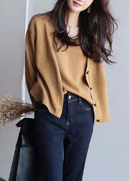 New Khaki Button Patchwork False Two Pieces Knit Tops Long Sleeve TU010