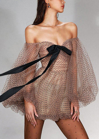 New Shoulder Dot Dresses Sleeve Khaki Cold Mini Tulle Lantern FashionChic