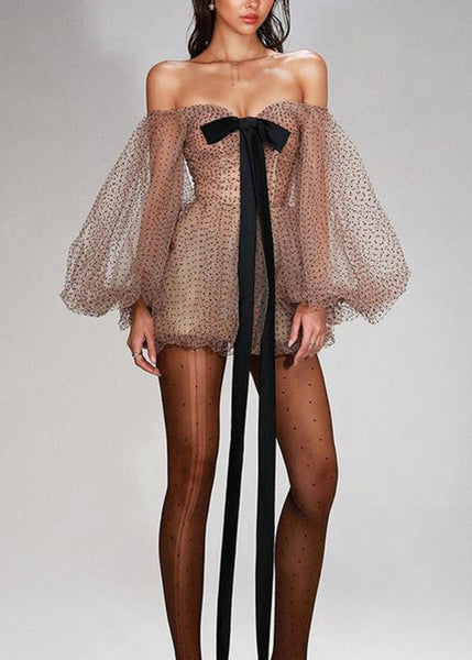 New Shoulder Dot Dresses Sleeve Khaki Cold Mini Tulle Lantern FashionChic