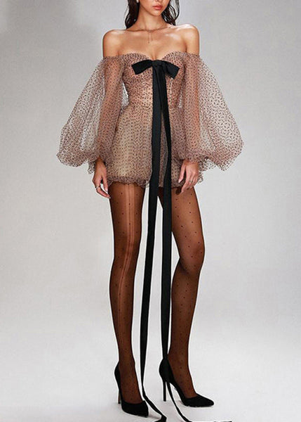 New Shoulder Dot Dresses Sleeve Khaki Cold Mini Tulle Lantern FashionChic