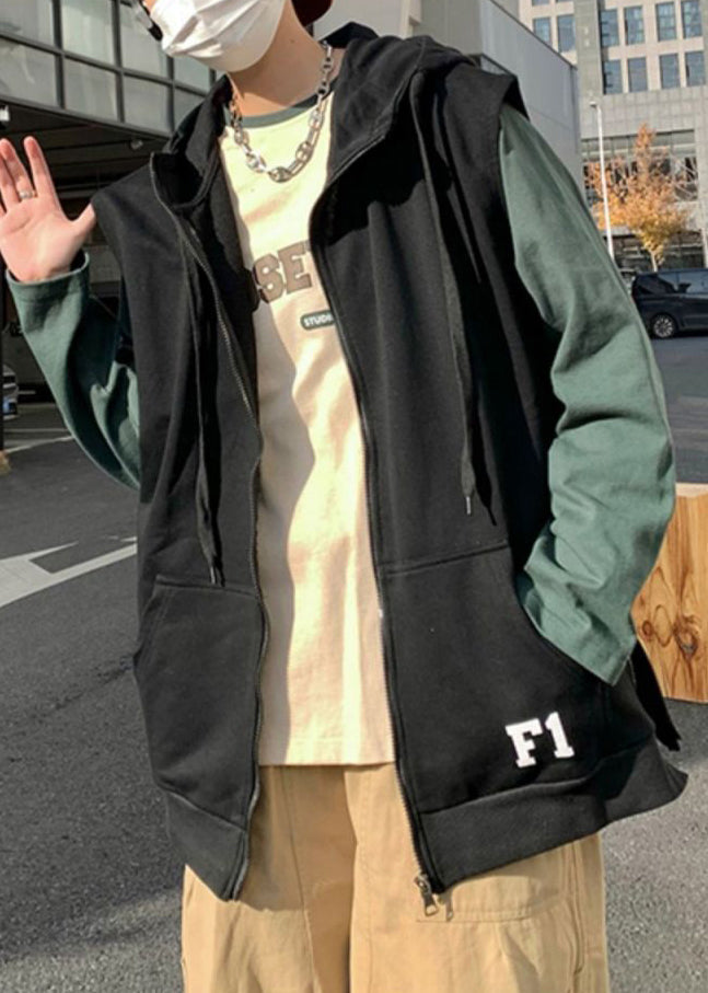 New Khaki Hooded Zippered Letter Cotton Mens Waistcoat Spring RN004 ABC