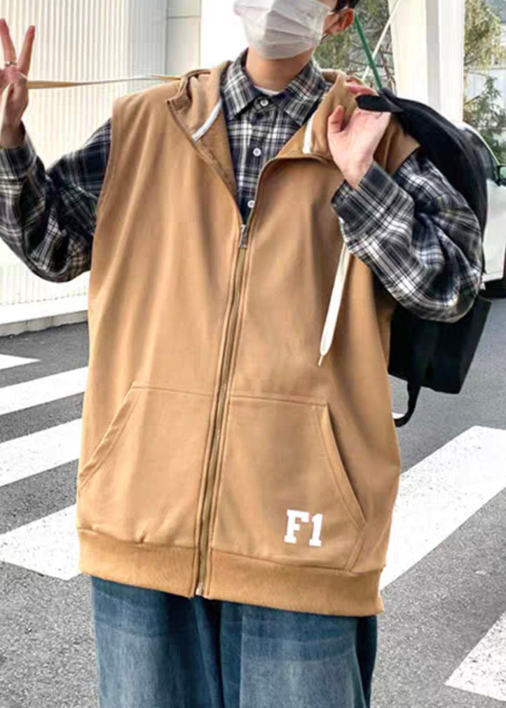 New Khaki Hooded Zippered Letter Cotton Mens Waistcoat Spring RN004 ABC
