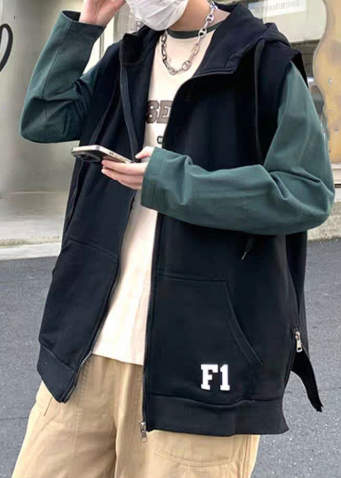 New Khaki Hooded Zippered Letter Cotton Mens Waistcoat Spring RN004 ABC