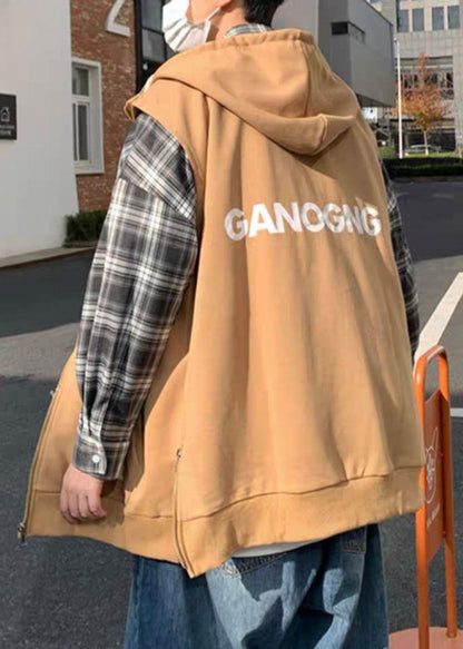 New Khaki Hooded Zippered Letter Cotton Mens Waistcoat Spring RN004 ABC