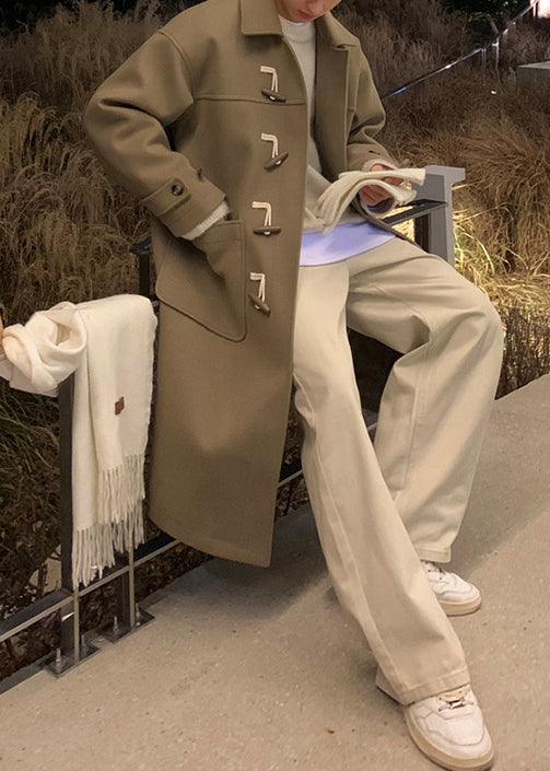 New Khaki Peter Pan Collar Button Pockets Woolen Men Coat Winter RO044 ABC