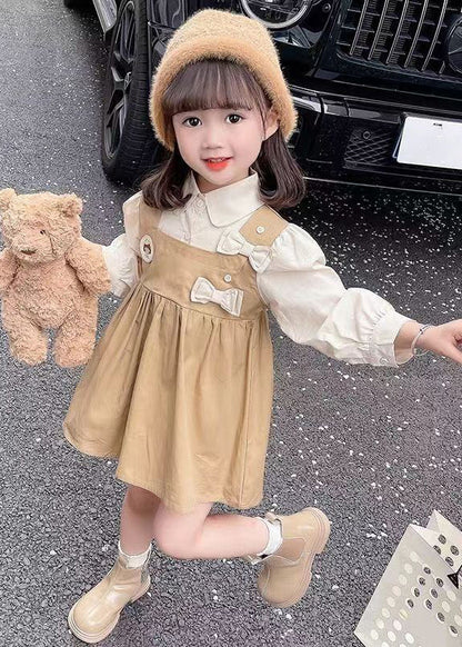 New Khaki Peter Pan Collar False Two Pieces Cotton Girls Dress Long Sleeve XZ023 FALL-MM-RCTZ-FDGM240618