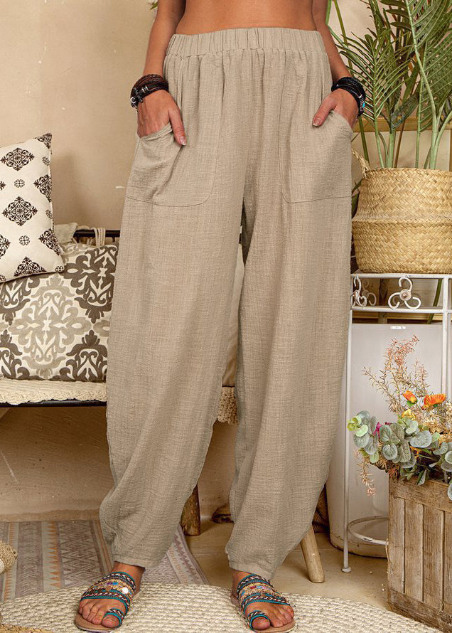 New Khaki Pockets Elastic Waist Linen Pants Summer FF054 MZF-LPTS240607