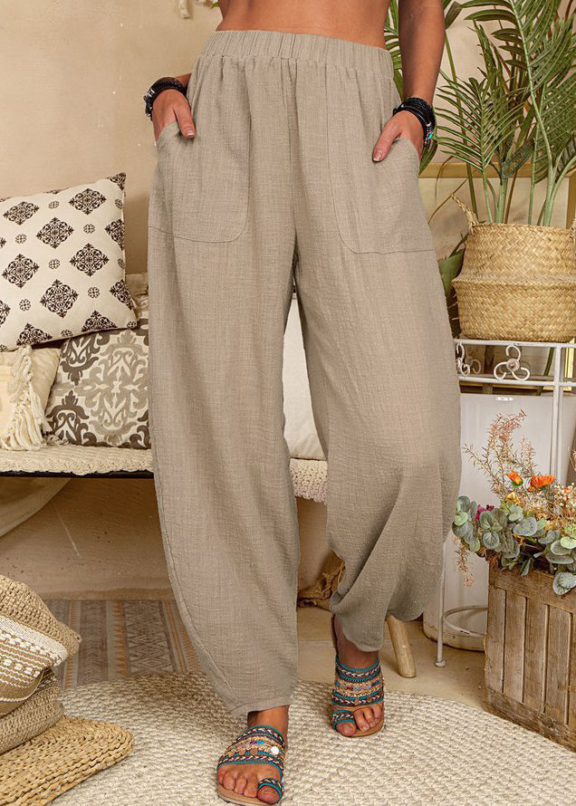 New Khaki Pockets Elastic Waist Linen Pants Summer FF054 MZF-LPTS240607