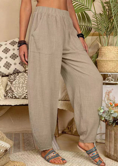 New Khaki Pockets Elastic Waist Linen Pants Summer FF054 MZF-LPTS240607