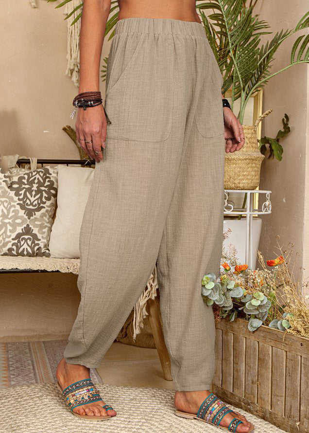 New Khaki Pockets Elastic Waist Linen Pants Summer FF054 MZF-LPTS240607