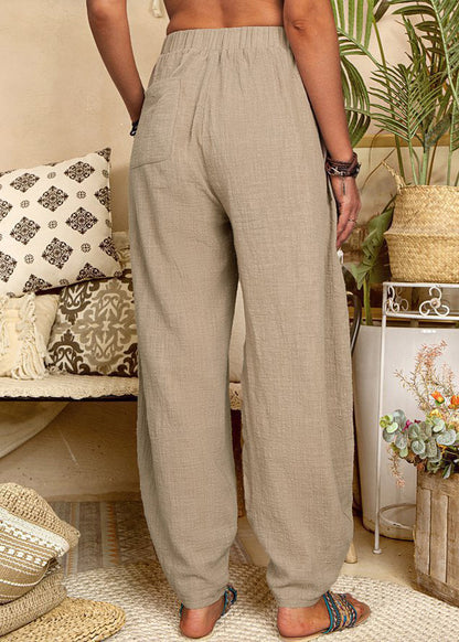 New Khaki Pockets Elastic Waist Linen Pants Summer FF054 MZF-LPTS240607