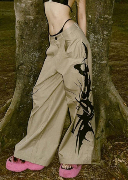 New Khaki Print Pockets High Waist Cotton Pants Summer PP007 OM-NZ240827