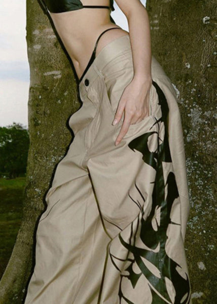 New Khaki Print Pockets High Waist Cotton Pants Summer PP007 OM-NZ240827