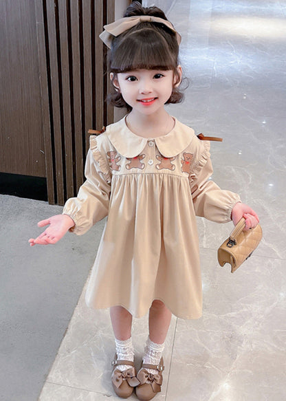 New Khaki Ruffled Print Cotton Girls Dresses Long Sleeve XZ054 FALL-MM-RCTZ-FDGL240618