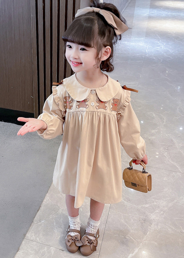 New Khaki Ruffled Print Cotton Girls Dresses Long Sleeve XZ054 FALL-MM-RCTZ-FDGL240618