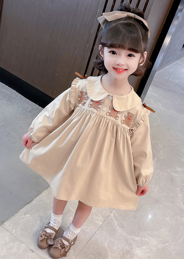 New Khaki Ruffled Print Cotton Girls Dresses Long Sleeve XZ054 FALL-MM-RCTZ-FDGL240618