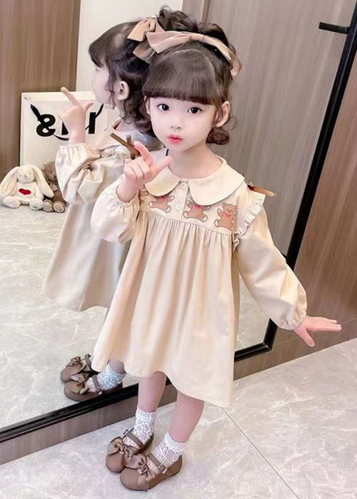 New Khaki Ruffled Print Cotton Girls Dresses Long Sleeve XZ054 FALL-MM-RCTZ-FDGL240618