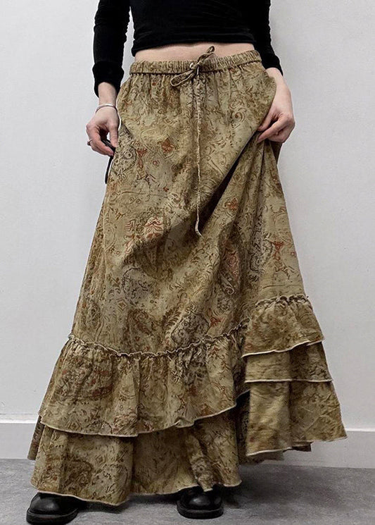 New Cotton Ruffled Elastic Khaki Waist Summer Maxi Skirts Print FashionChic