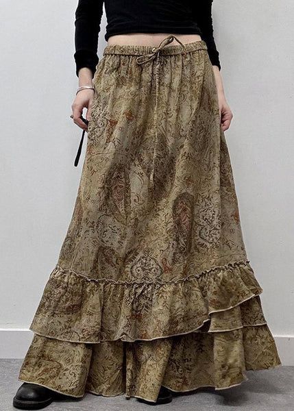 New Cotton Ruffled Elastic Khaki Waist Summer Maxi Skirts Print FashionChic