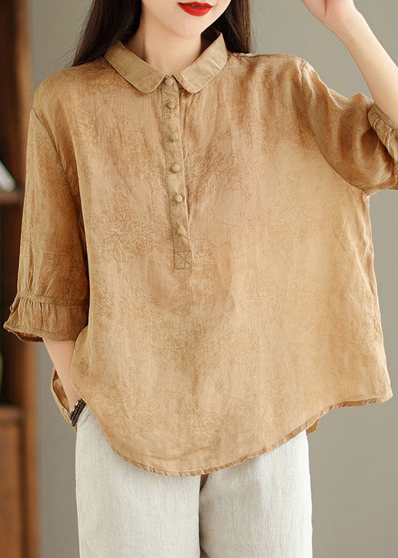 New Khaki Solid Button Print Linen Shirt Summer GG044 MZF-HTP240610
