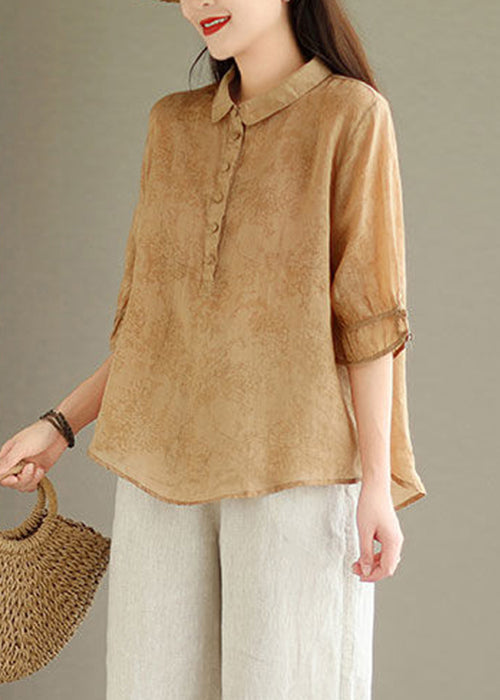 New Khaki Solid Button Print Linen Shirt Summer GG044 MZF-HTP240610