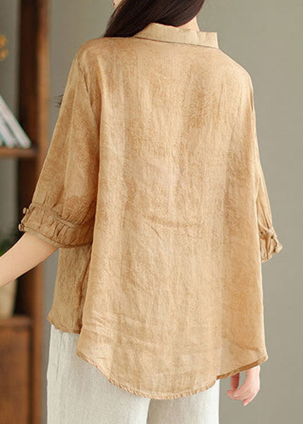 New Khaki Solid Button Print Linen Shirt Summer GG044 MZF-HTP240610