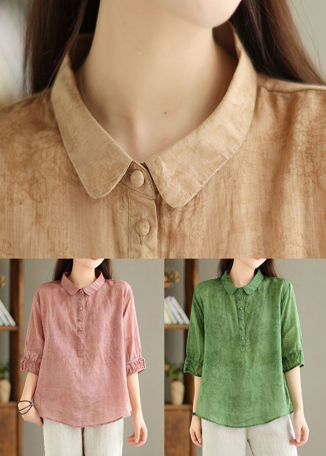 New Khaki Solid Button Print Linen Shirt Summer GG044 MZF-HTP240610