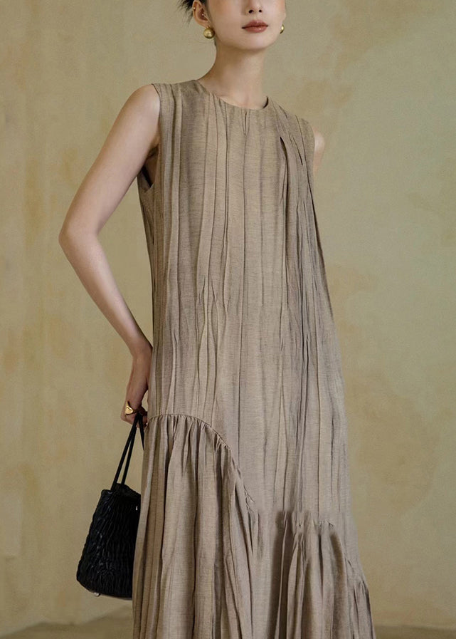 New Khaki Solid Wrinkled Patchwork Cotton Long Dresses Sleeveless OP1063 Ada Fashion