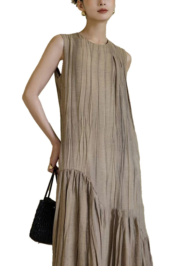 New Khaki Solid Wrinkled Patchwork Cotton Long Dresses Sleeveless OP1063 Ada Fashion