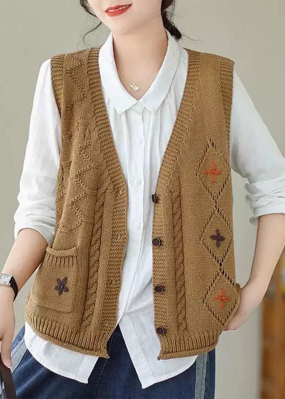 New Khaki V Neck Embroideried Knit Vest Sleeveless QA036 OM-ZS241009