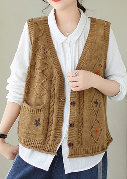 New Khaki V Neck Embroideried Knit Vest Sleeveless QA036 OM-ZS241009