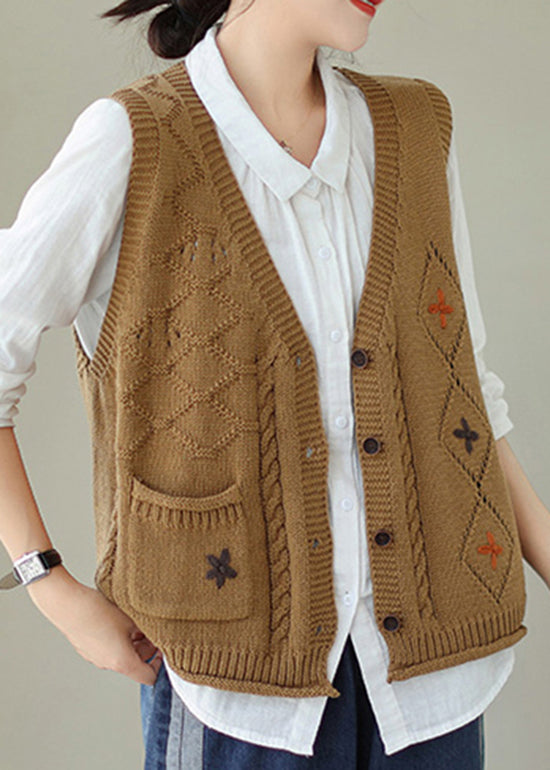 New Khaki V Neck Embroideried Knit Vest Sleeveless QA036 OM-ZS241009