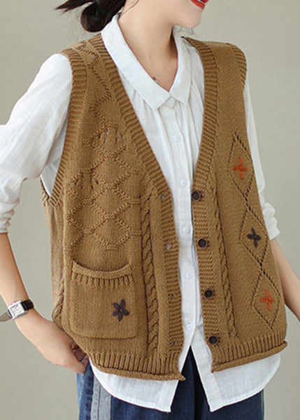 New Khaki V Neck Embroideried Knit Vest Sleeveless QA036 OM-ZS241009