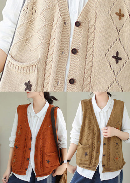 New Khaki V Neck Embroideried Knit Vest Sleeveless QA036 OM-ZS241009