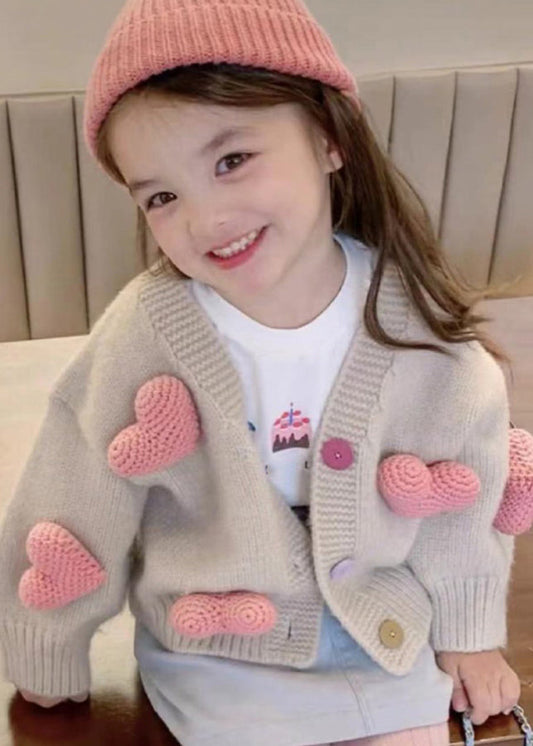 New Khaki V Neck Love Cotton Knit Girls Cardigan Winter WL050 MM-RCTZ-NCGT241120