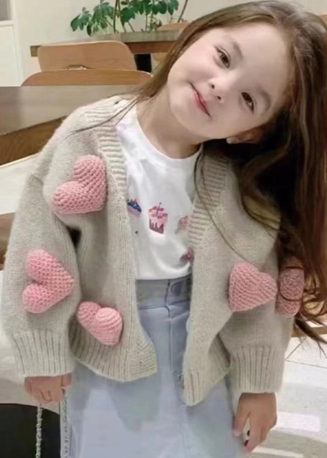 New Khaki V Neck Love Cotton Knit Girls Cardigan Winter WL050 MM-RCTZ-NCGT241120