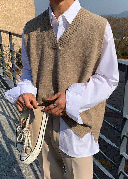 New Khaki V Neck Solid Cozy Knit Men Waistcoat Sleeveless RJ024 ABC