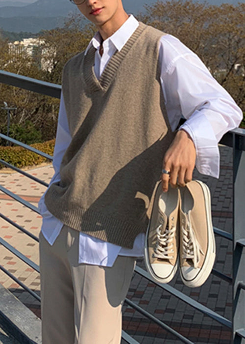 New Khaki V Neck Solid Cozy Knit Men Waistcoat Sleeveless RJ024 ABC